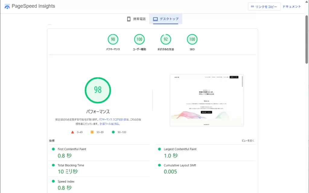 PageSpeed Insights スコア98