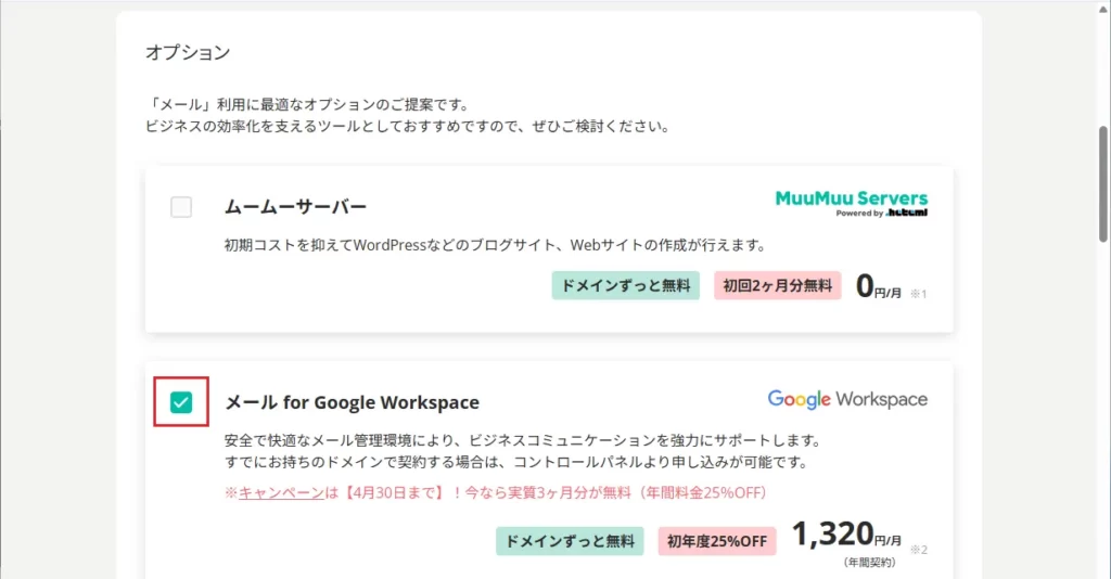 「ムームーサーバーメール for Google Workspace」にチェックが入っていることを確認